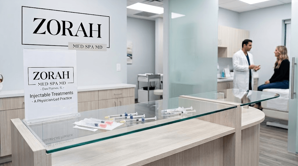 Injectable treatment display at Zorah Med Spa MD in Des Plaines, IL, a physician-led practice, with Dr. Naaz Aziz consulting a patient in the background.
