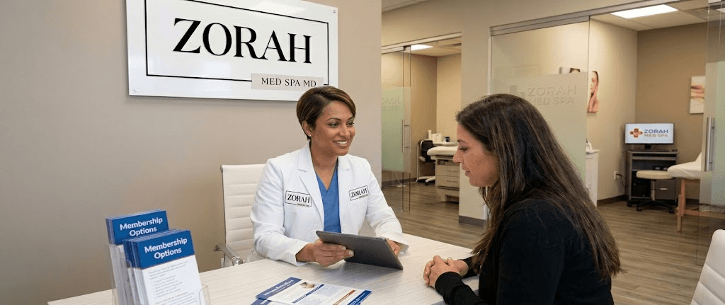 Doctor discussing membership options with a patient at the front desk of Zorah Med Spa in Des Plaines, IL.
