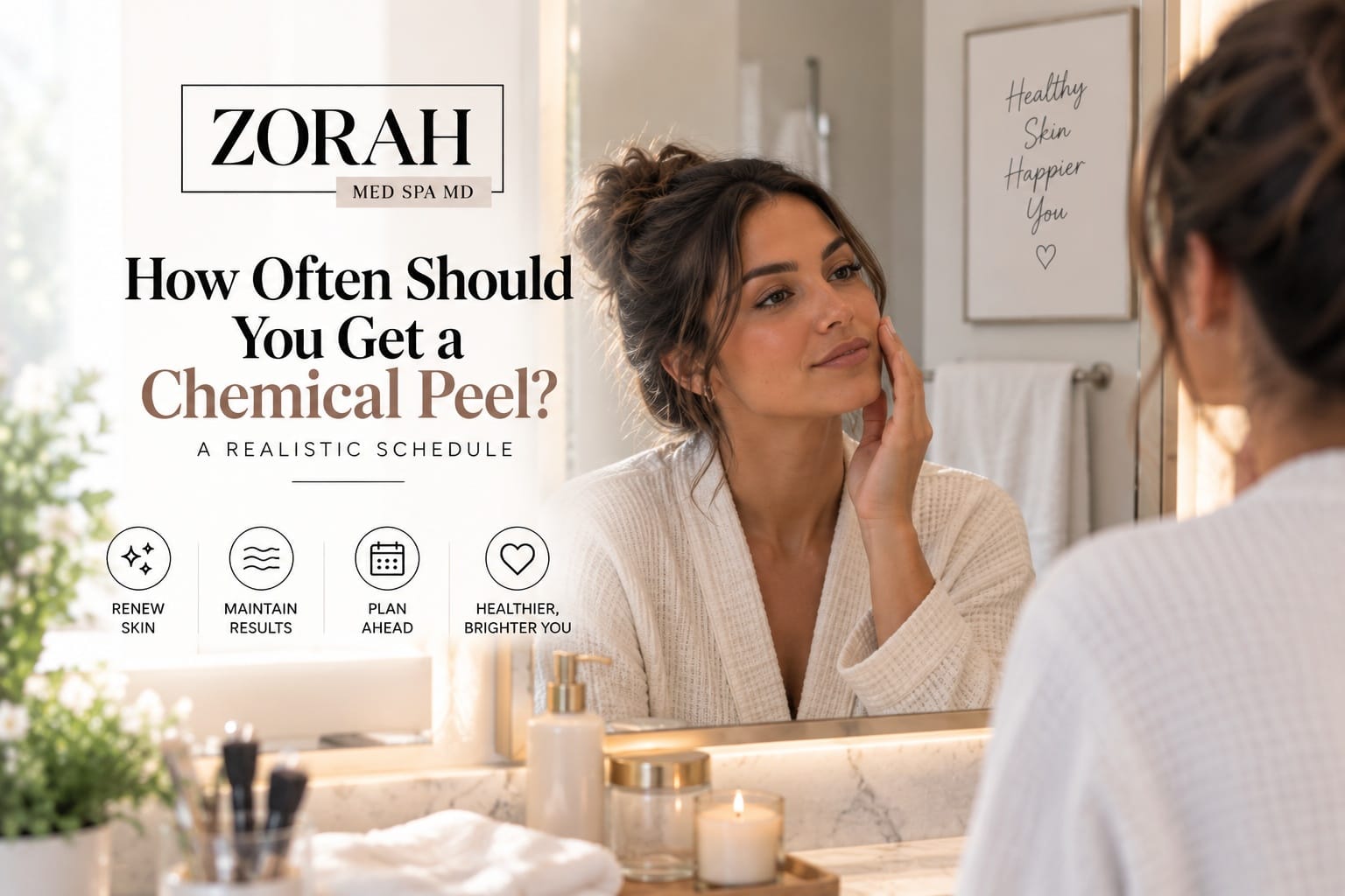 Zorah Med Spa graphic for How Often Should You Get a Chemical Peel, showing a person examining her skin in a bathroom mirror