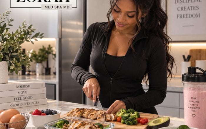 Zorah Med Spa graphic for Do You Need to Diet on GLP-1s, showing a person preparing a protein-focused meal at home.