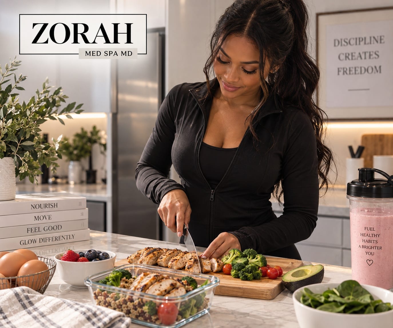 Zorah Med Spa graphic for Do You Need to Diet on GLP-1s, showing a person preparing a protein-focused meal at home.
