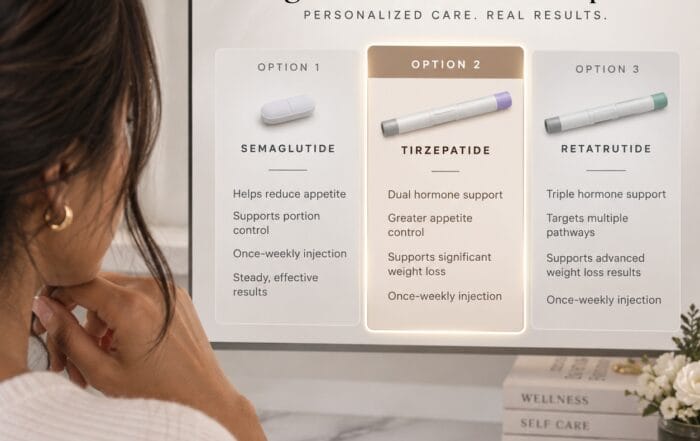Zorah Med Spa graphic comparing weight loss medication options, with Tirzepatide (Option 2) highlighted