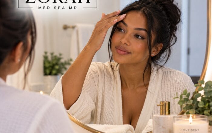 Zorah Med Spa graphic for How to Maintain Botox Results Between Appointments, showing a person checking her forehead in a mirror.