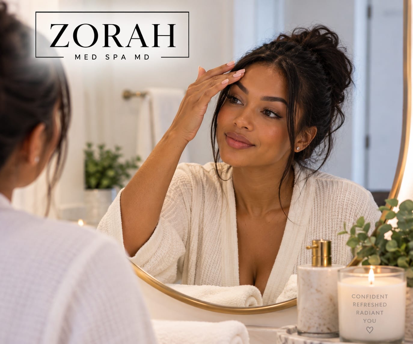 Zorah Med Spa graphic for How to Maintain Botox Results Between Appointments, showing a person checking her forehead in a mirror.