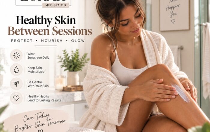Zorah Med Spa graphic for Laser Hair Removal Aftercare, showing a person applying moisturizer to her leg in a bathroom setting