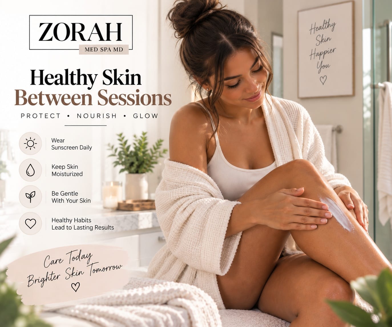 Zorah Med Spa graphic for Laser Hair Removal Aftercare, showing a person applying moisturizer to her leg in a bathroom setting