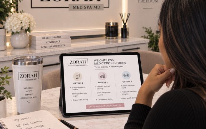 Zorah Med Spa graphic showing weight loss medication options on a tablet, comparing three treatment choices
