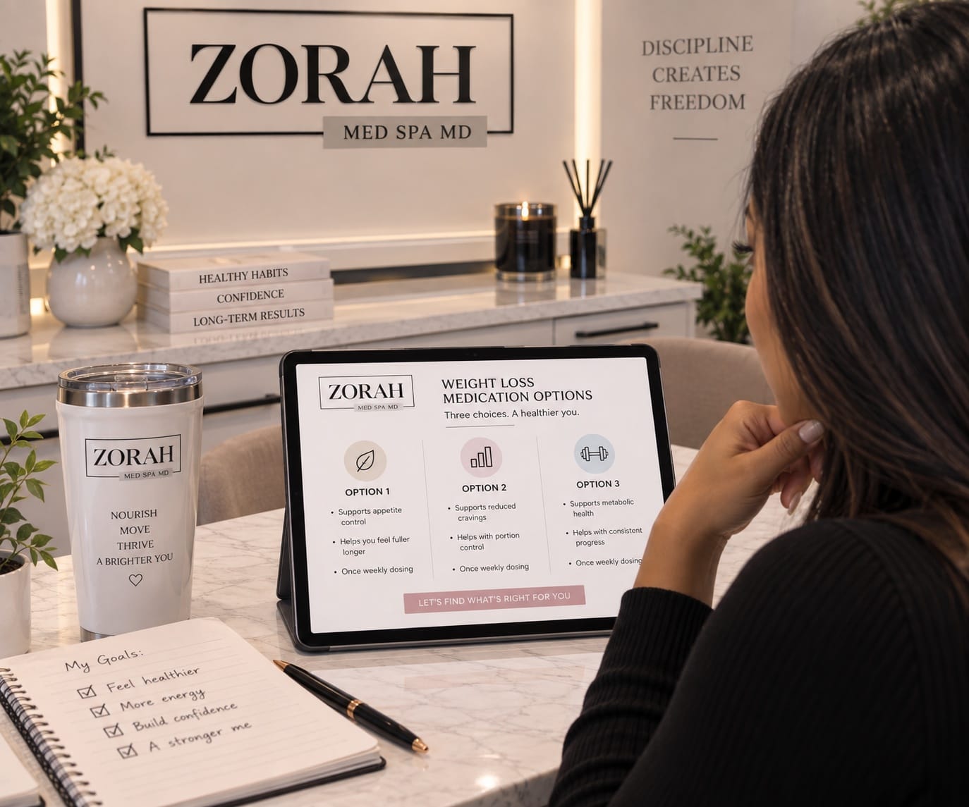 Zorah Med Spa graphic showing weight loss medication options on a tablet, comparing three treatment choices