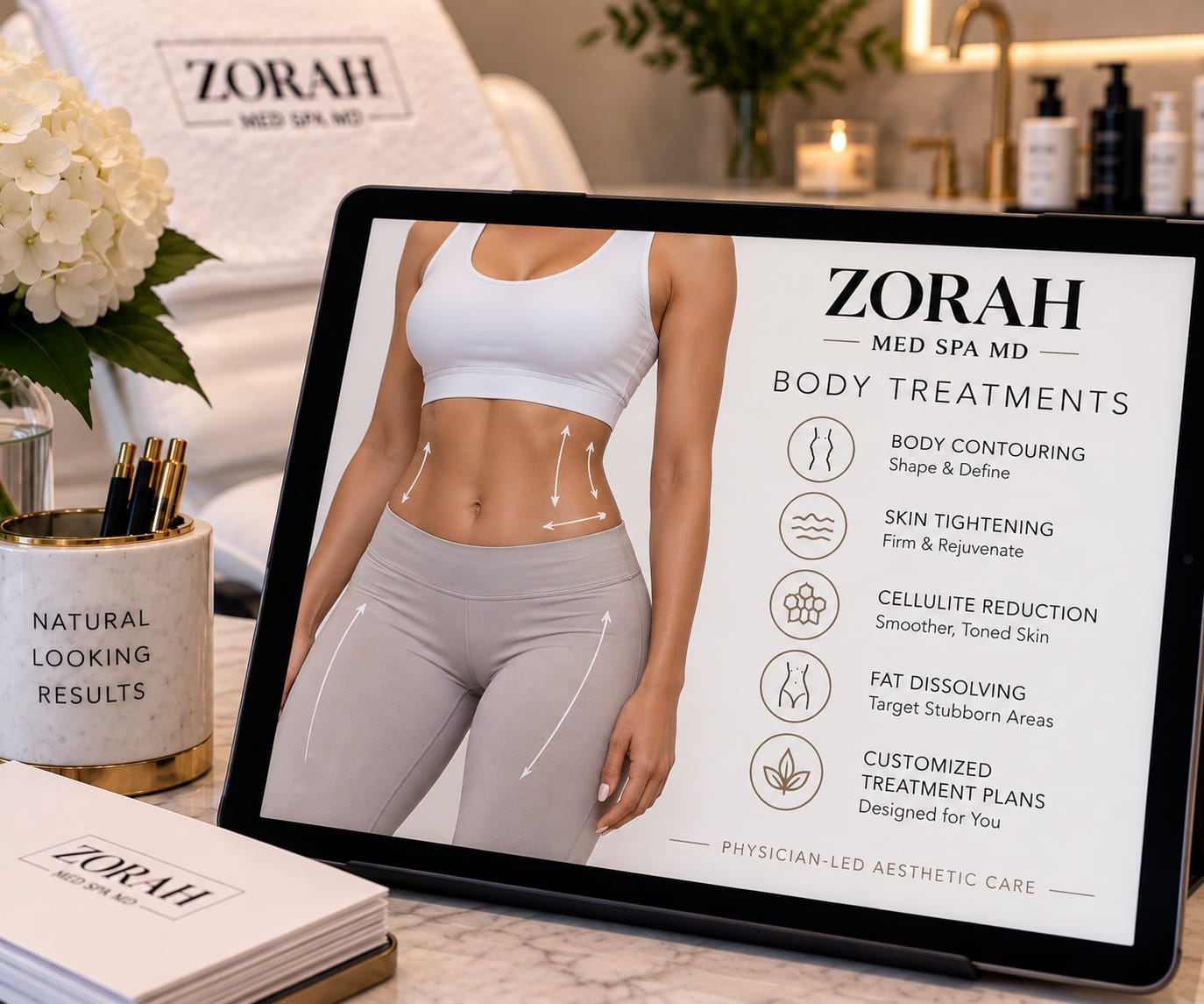 Close-up of a tablet at Zorah Med Spa MD displaying body treatment options, including body contouring, skin tightening, cellulite reduction, fat dissolving, and customized treatment plans.
