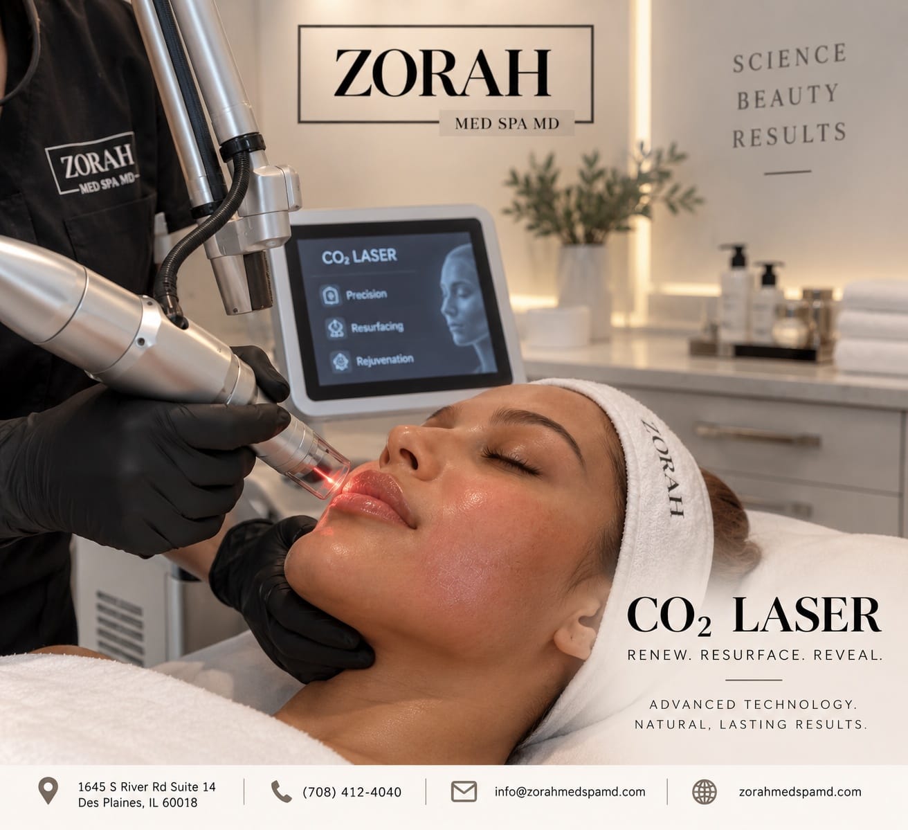 Zorah Med Spa graphic showing a CO2 laser resurfacing treatment being performed in a clinical setting