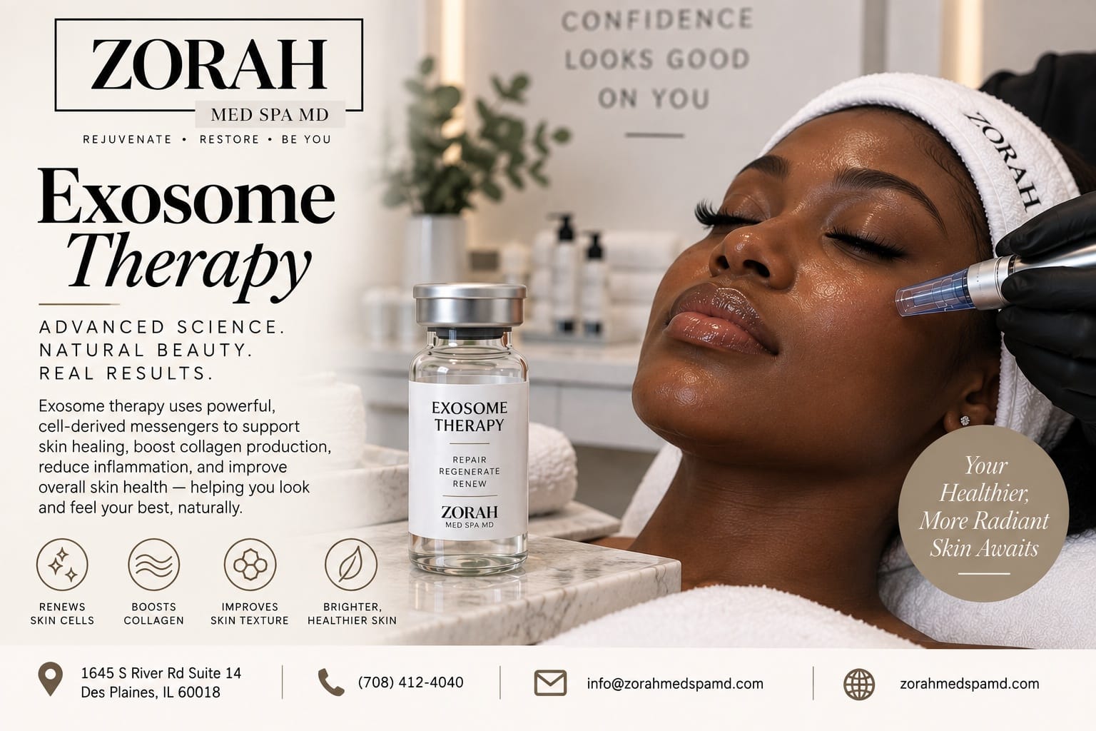 Zorah Med Spa graphic illustrating exosome therapy, showing a treatment vial and healthy skin in a clinical setting