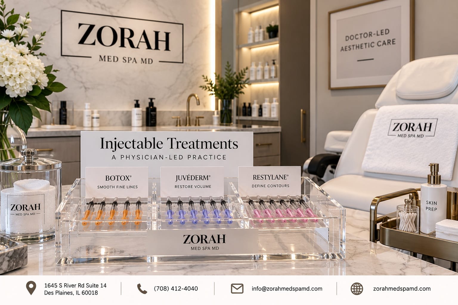 Botox, Juvéderm, and Restylane injectable display at Zorah Med Spa in Des Plaines