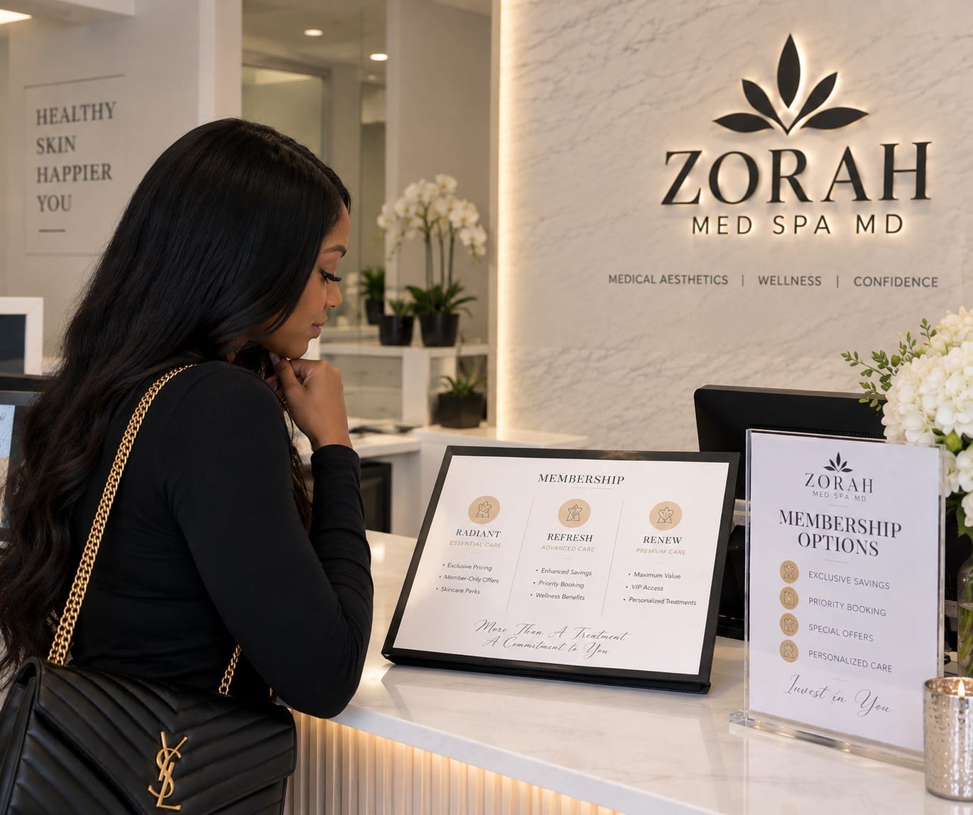 Patient reviewing membership options at the front desk of Zorah Med Spa in Des Plaines, IL