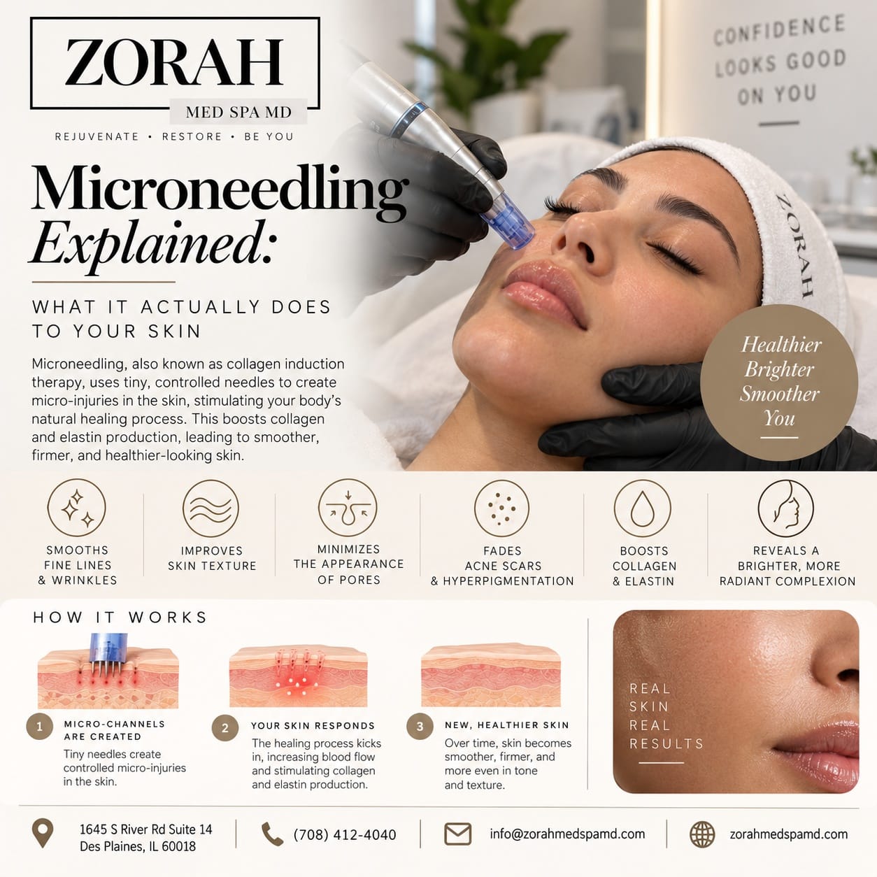 Zorah Med Spa graphic showing a microneedling treatment being performed on a patient's skin