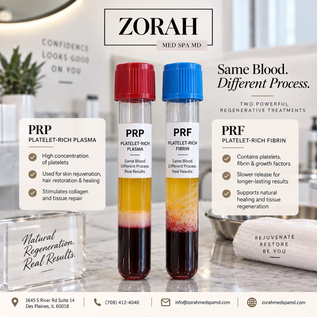 Zorah Med Spa graphic comparing PRP and PRF treatments, showing labeled blood-draw vials in a clinical setting